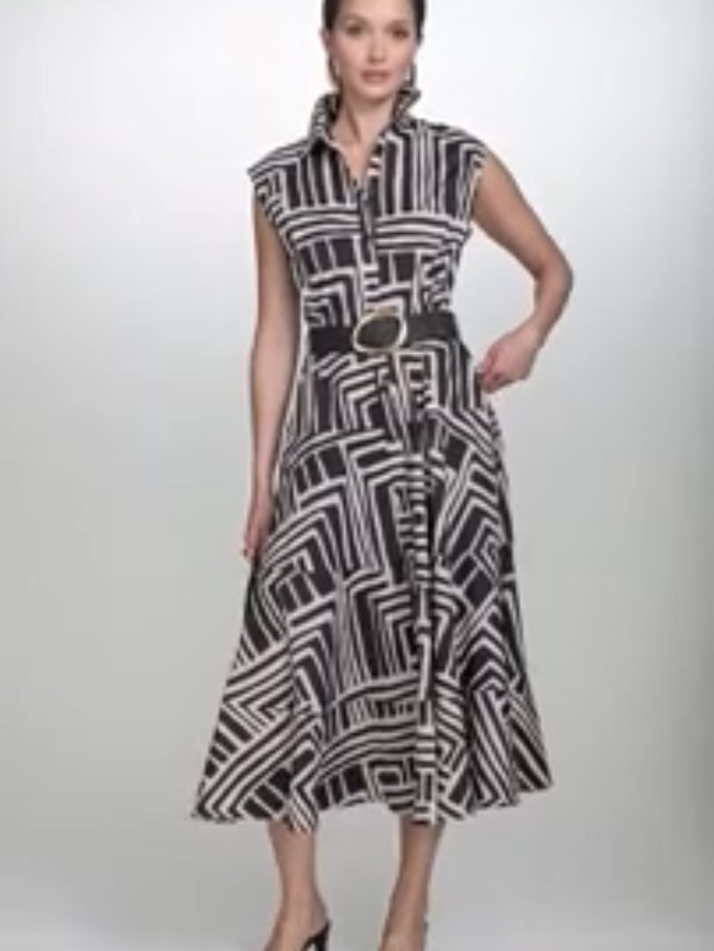 Black & Beige Geometric Belted A-Line Shirt Dress by Donna Karan sz 12 New!